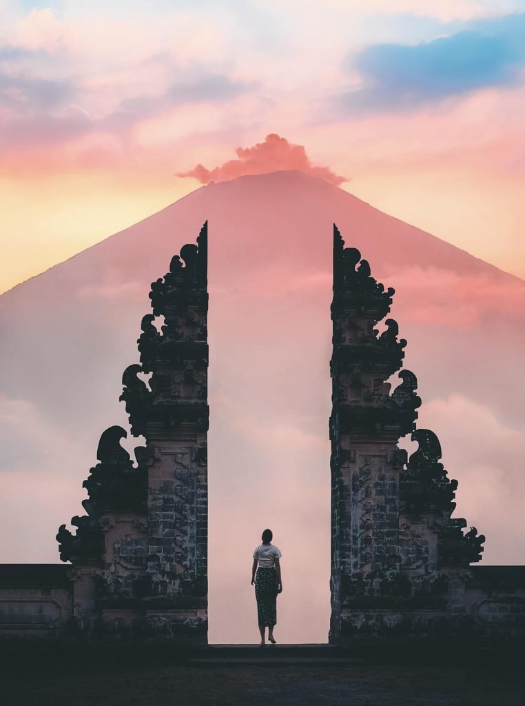 Ancient temple gates framing Mount Agung at Bali's